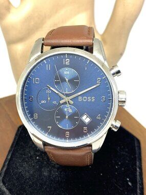 Hugo Boss Men's Watch 1513940 Quartz Chronograph Blue Dial Brown Leather 44mm